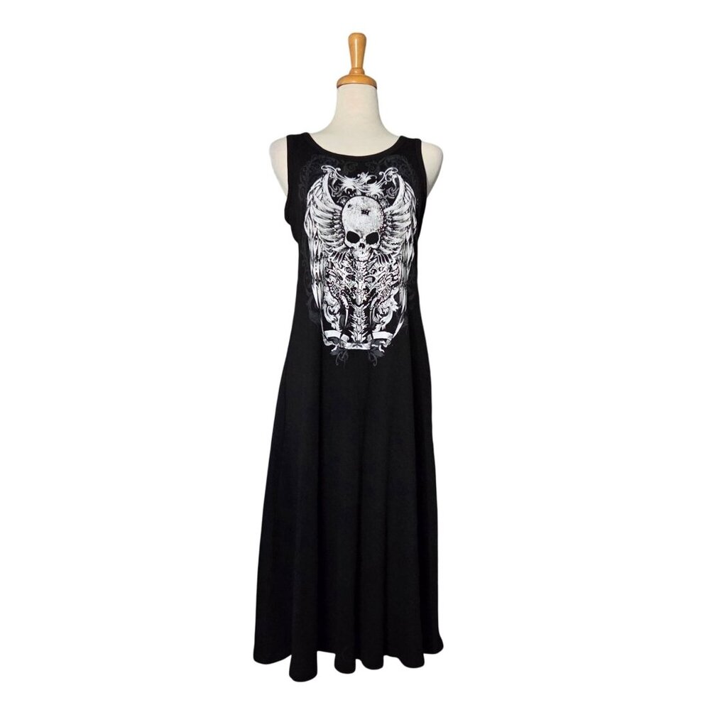 Y2K Grunge Black Winged Skull Ribbed Maxi Dress Women's Size L